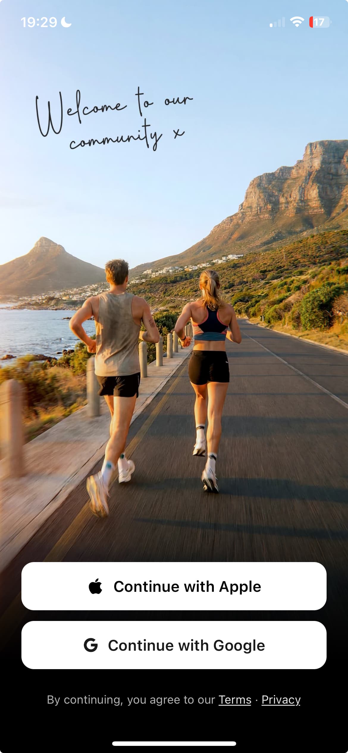 HOWZIT app login screen showing two runners in Cape Town