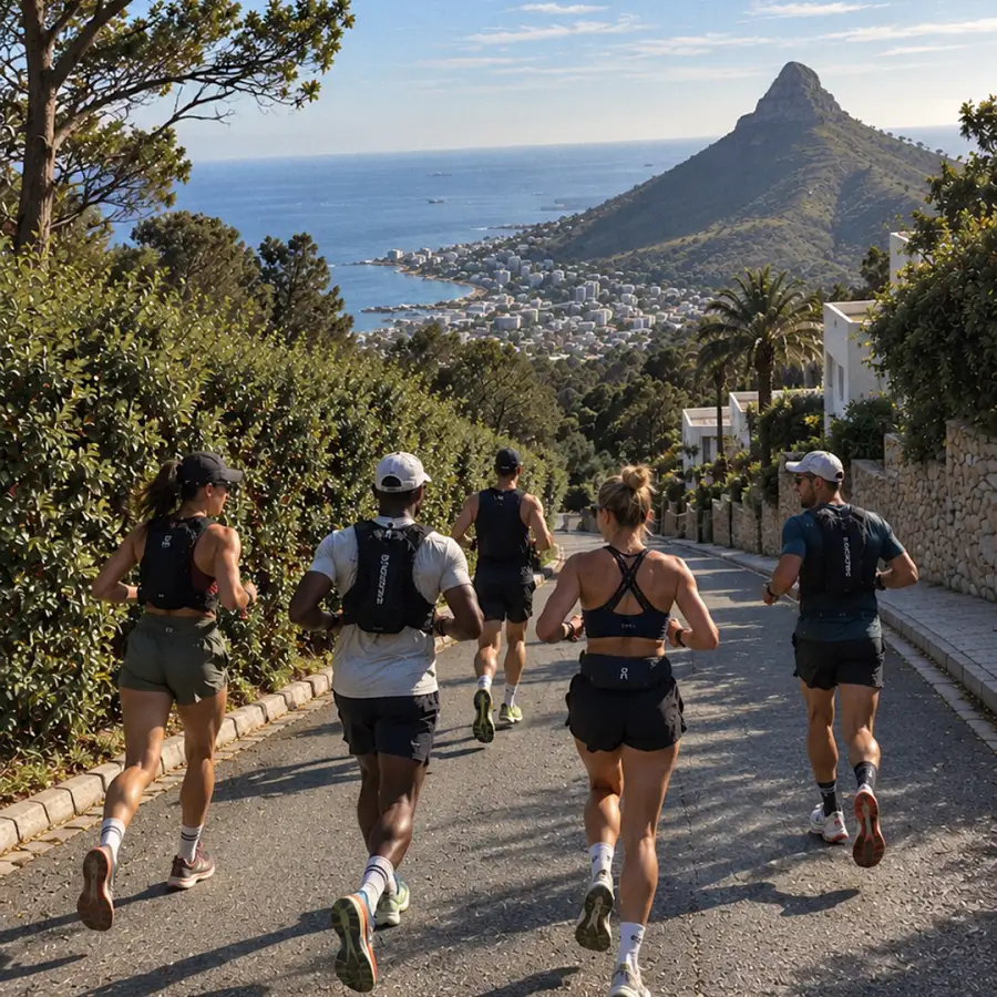 Five runners heading down a road towards Lion's Head and the sea, Cape Town